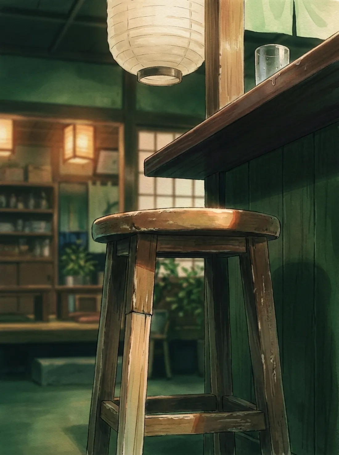 A worn wooden counter stool under an unlit lantern