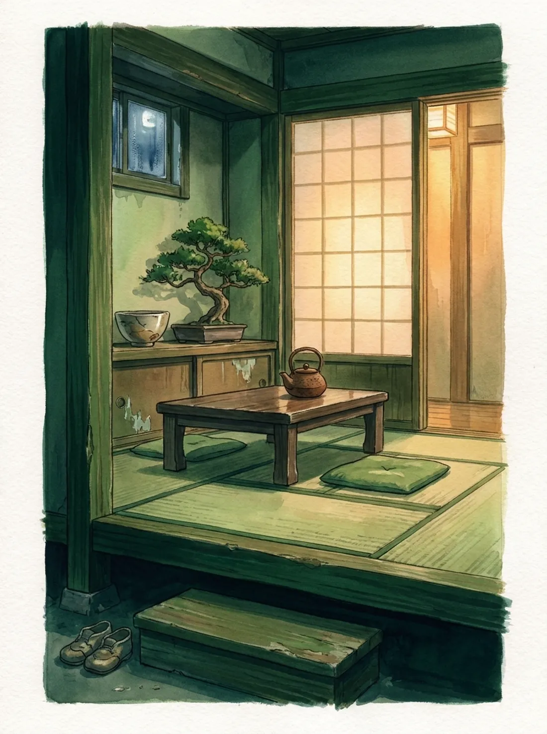 A raised tatami alcove with a low table, cushions and an iron teapot