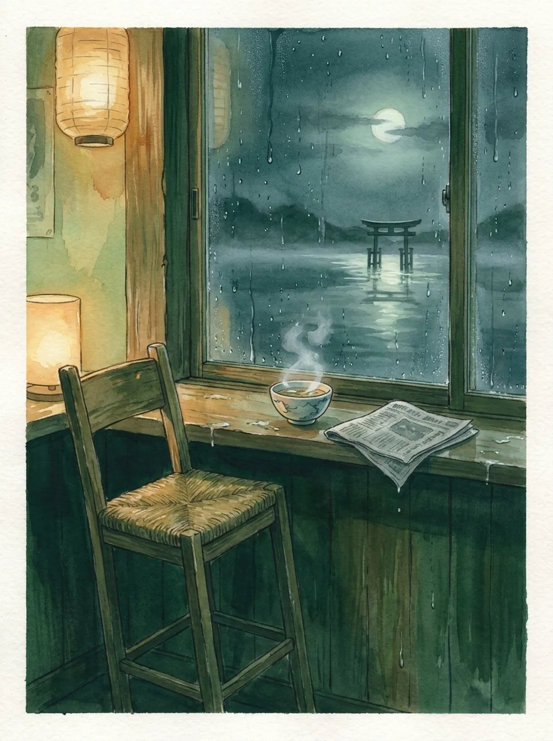 A stool by a rain-beaded window looking onto a moonlit lake and torii gate
