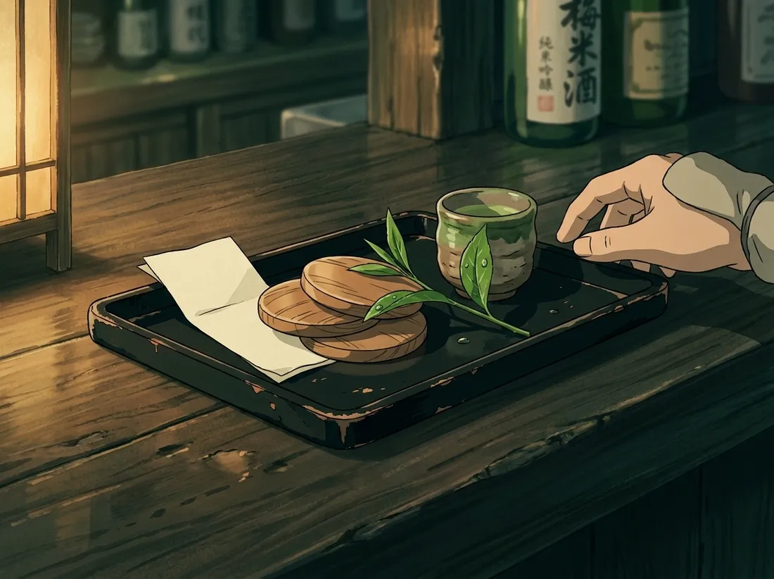 A lacquer tray with wooden tokens, a folded paper slip and a tea leaf
