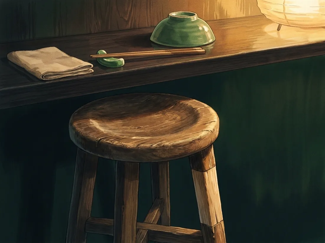 An empty wooden stool at the counter with chopsticks and a bowl set out